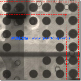BGA錫球尺寸小于0.4mm，采用降低BGA內(nèi)圍襲球的錫膏量所得到X-Ray，稍微留意一下可以發(fā)現(xiàn)最外圈的錫量(圓的直徑)比其他內(nèi)圍的錫球上的錫量來得多一點點。也就是外圈的黑色圓形直徑比內(nèi)圈的圓形來得大一點點。