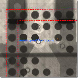 BGA錫球尺寸小于0.4mm，采用降低BGA內(nèi)圍襲球的錫膏量所得到X-Ray，稍微留意一下可以發(fā)現(xiàn)最外圈的錫量(圓的直徑)比其他內(nèi)圍的錫球上的錫量來得多一點點。也就是外圈的黑色圓形直徑比內(nèi)圈的圓形來得大一點點。