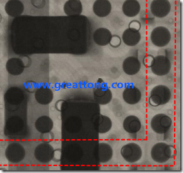 BGA錫球尺寸小于0.4mm，采用降低BGA內(nèi)圍襲球的錫膏量所得到X-Ray，稍微留意一下可以發(fā)現(xiàn)最外圈的錫量(圓的直徑)比其他內(nèi)圍的錫球上的錫量來得多一點點。也就是外圈的黑色圓形直徑比內(nèi)圈的圓形來得大一點點。