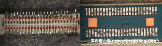 把板對板連接器與其電路板的佈線焊墊作一個比較，端子的切斷面有毛邊的地方剛好對到了裸銅區(qū)。