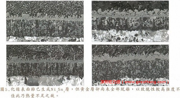 下面四圖顯示，當(dāng)焊接的熱量不足或未持續(xù)時(shí)，雖然Ni3Sn4的薄薄IMC層已經(jīng)生成而焊牢，但也會(huì)因?yàn)锳uSn及AuSn2還未來(lái)得及逸走，而停留在共金介面附近，當(dāng)有外力拉扯的時(shí)候，就很容易斷裂開(kāi)來(lái)。這就是為何ENIG的焊點(diǎn)強(qiáng)度，始終不如銅面焊點(diǎn)(Cu6Sn5)來(lái)得更為牢固的主因之一。