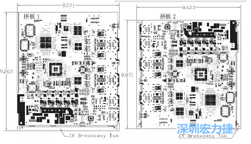 如圖7所示是使用不同數(shù)量邊條的拼板，拼板1僅使用了一個(gè)邊條，直接利用PCB另一邊作為SMT工藝傳送邊，并且PCB圖形中有合適的安裝孔；而拼板2則是按常規(guī)設(shè)計(jì)了兩個(gè)邊條。拼板方式為連接筋。圖中“Breakaway Tab”指邊條-深圳宏力捷