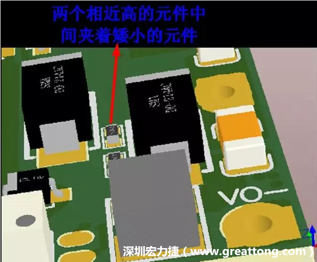 放置器件時要考慮以后的焊接和維修，兩個高度高的元件之間盡量避免放置矮小的元件