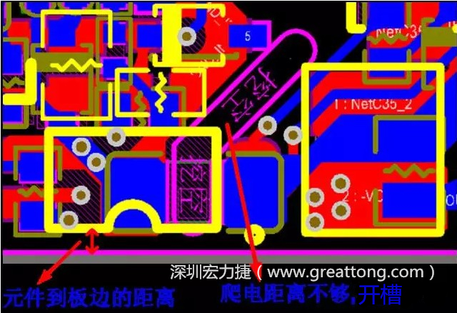 如果碰到模塊PCB空間有限，爬電距離不夠，可以采用開槽的方式