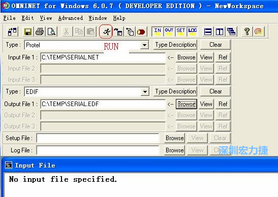 輸出文件類型(Type)選 EDIF。Output File 1 指定輸出文件的文件名和路徑。然后點擊 Run(跑動的小人)。