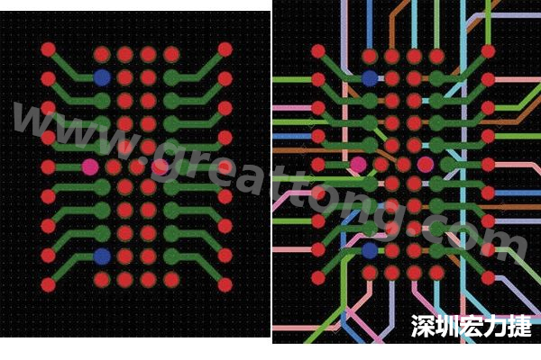 圖7：焊盤內(nèi)過(guò)孔用于內(nèi)部，而外部接腳在0.5mm閘格上扇出。圖7a顯示的是頂層(左)；圖7b顯示頂層和內(nèi)部布線層(右)。