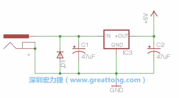 新增RBBB→Power_Jack，將它放在電壓調(diào)整器的輸入端旁邊。