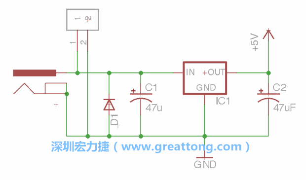 2.5.    新增一個二極體，它會以水平的狀態(tài)出現(xiàn)在屏幕上，請使用「旋轉(zhuǎn)（Rotate）」工具把它負極那一面朝上，并且用「網(wǎng)絡(luò)連接」工具將它連接在電壓調(diào)整器的輸入端和接地端之間。