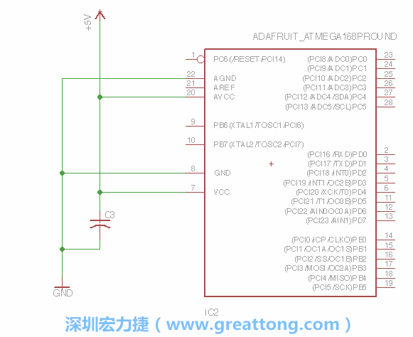3.1.    新增微控制器晶片（RBBB → ATmega），把它放在電路原理圖的中央附近，把它的兩個接地接頭連接到接地訊號端。