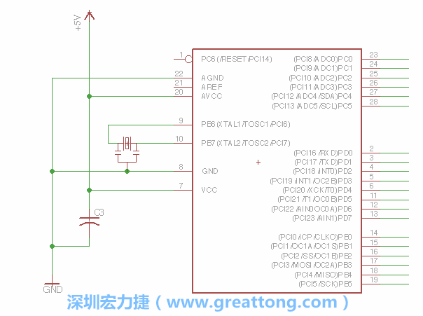 3.2.    在靠近ATmega的電源供應(yīng)針腳7的位置放置一個0.1μF的電容，將它分別連接電源、接地端和針腳7。