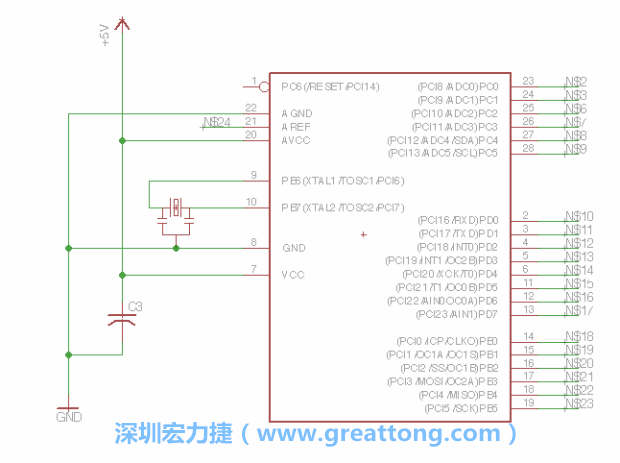 3.3.    將共鳴器（resonator）放置在針腳9和針腳10附近，將它的三個針腳連接如圖所示，并確認最中間的針腳有連到接地端。