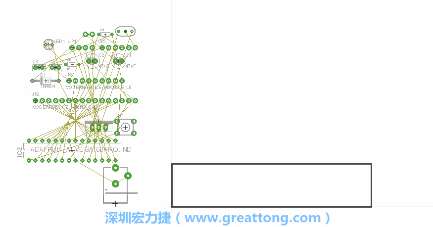 第一次執(zhí)行布線編輯器時，你會發(fā)現(xiàn)有兩個區(qū)塊，左邊的區(qū)塊非常混亂，而右邊的區(qū)塊則是一個長方形的工作區(qū)域，EAGLE免費(fèi)版會限制你的工作區(qū)域在4” x 3.2”的范圍內(nèi)，如果你試圖將元件擺放在工作區(qū)外的話，就會跳出警示訊息。