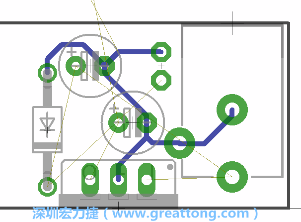 當(dāng)你在擺放元件時，要注意元件間的連結(jié)關(guān)系使用「旋轉(zhuǎn)（Rotate）」工具來讓連結(jié)點(diǎn)更接近、更容易布線。舉例來說，我們可以將這邊的二極體轉(zhuǎn)一個方向來縮短和47μF電容間的連結(jié)距離。