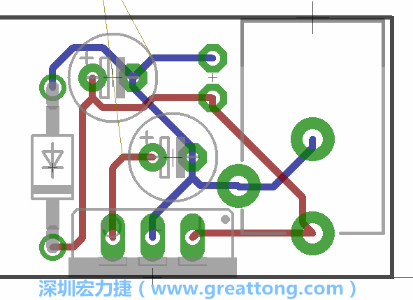 接地連結(jié)點(diǎn)的布線情形如下圖所示，利用這個練習(xí)來避免電路連線銳角化的產(chǎn)生是一個不錯的選擇，你可以在工具列中的彎曲線路（Wire Bend）選項(xiàng)里改變各種布線的變化。