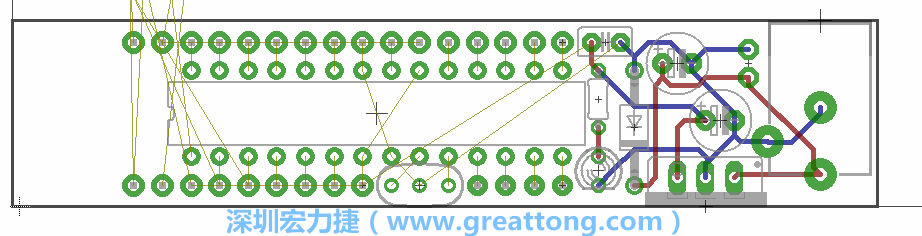 將ATmega微控制器、三個GPIO排針（JP2, JP3, JP4）和諧振器（resonator）排置如上圖所示。