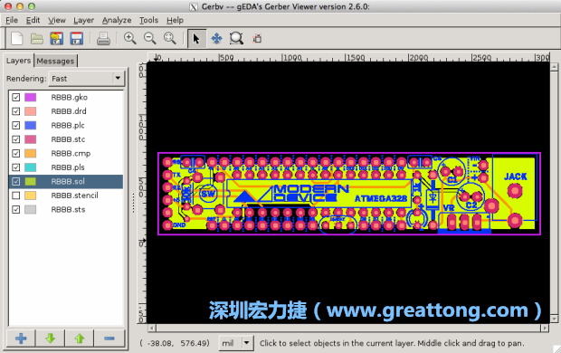 將圖層匯入你的Gerber預(yù)覽工具內(nèi)（下圖為Gerbv），我通常會(huì)從上到下重新排列它們的順序，好讓我比較好校對(duì)：