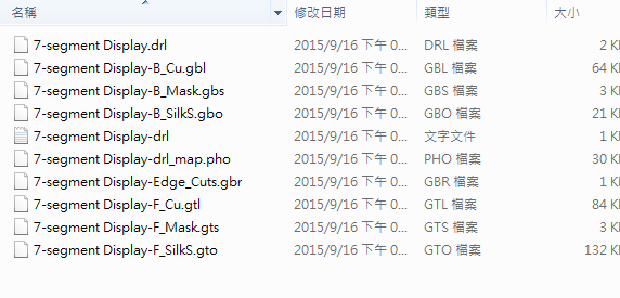 所謂Gerber檔，其實是包含一群檔案 (如下圖所示)，如包含正反面銅箔層 F.Cu B.Cu.，正反面文字面 F.Silkscreen ，B.Silkscreen，防焊層 SolderMask、板邊裁切Edge.Cuts 等。