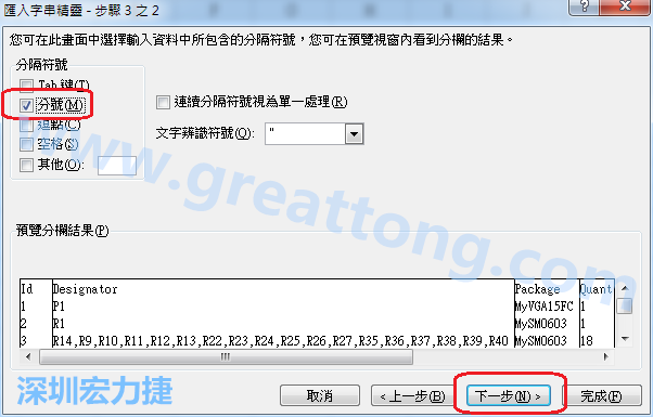 新增一個新的Excel文檔，[資料]匯入[從文字檔]，然后選擇剛產(chǎn)生的BOM (.csv)檔案，并以"分號"作為分隔符號。