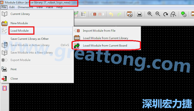 進入Module Editor去載入其他Footprint(Module)進來， 從目前的Active library (不過要先選取一個Current library ) 載入Module 或從目前正在編輯的PCB載入Module。