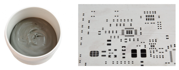 焊膏（左），PCB模板激光切割孔（右）